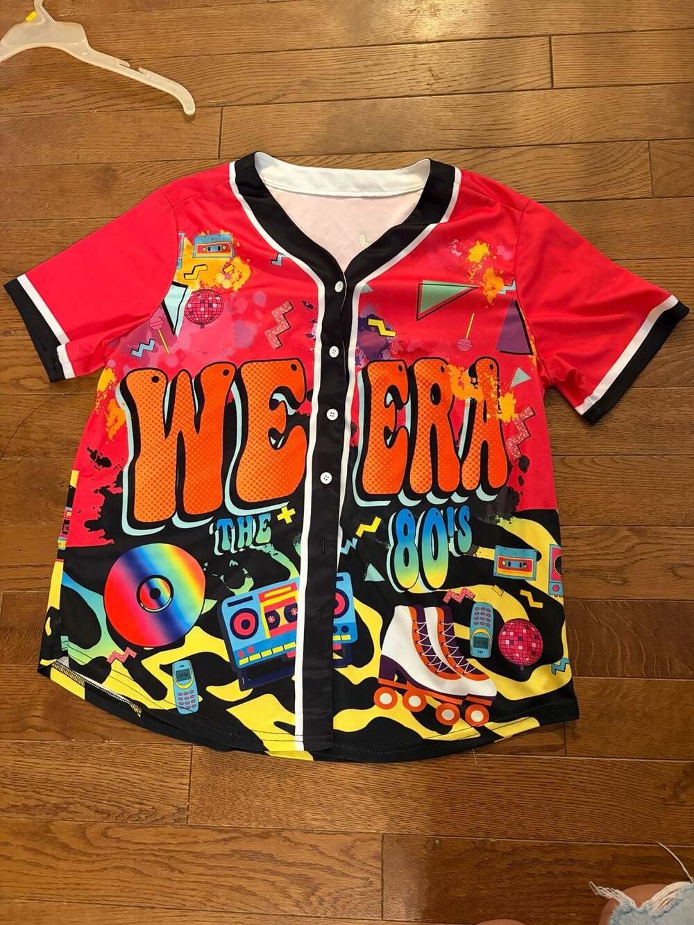 We Are The 80s Retro Jersey Size L Red Cropped Button Front Shirt